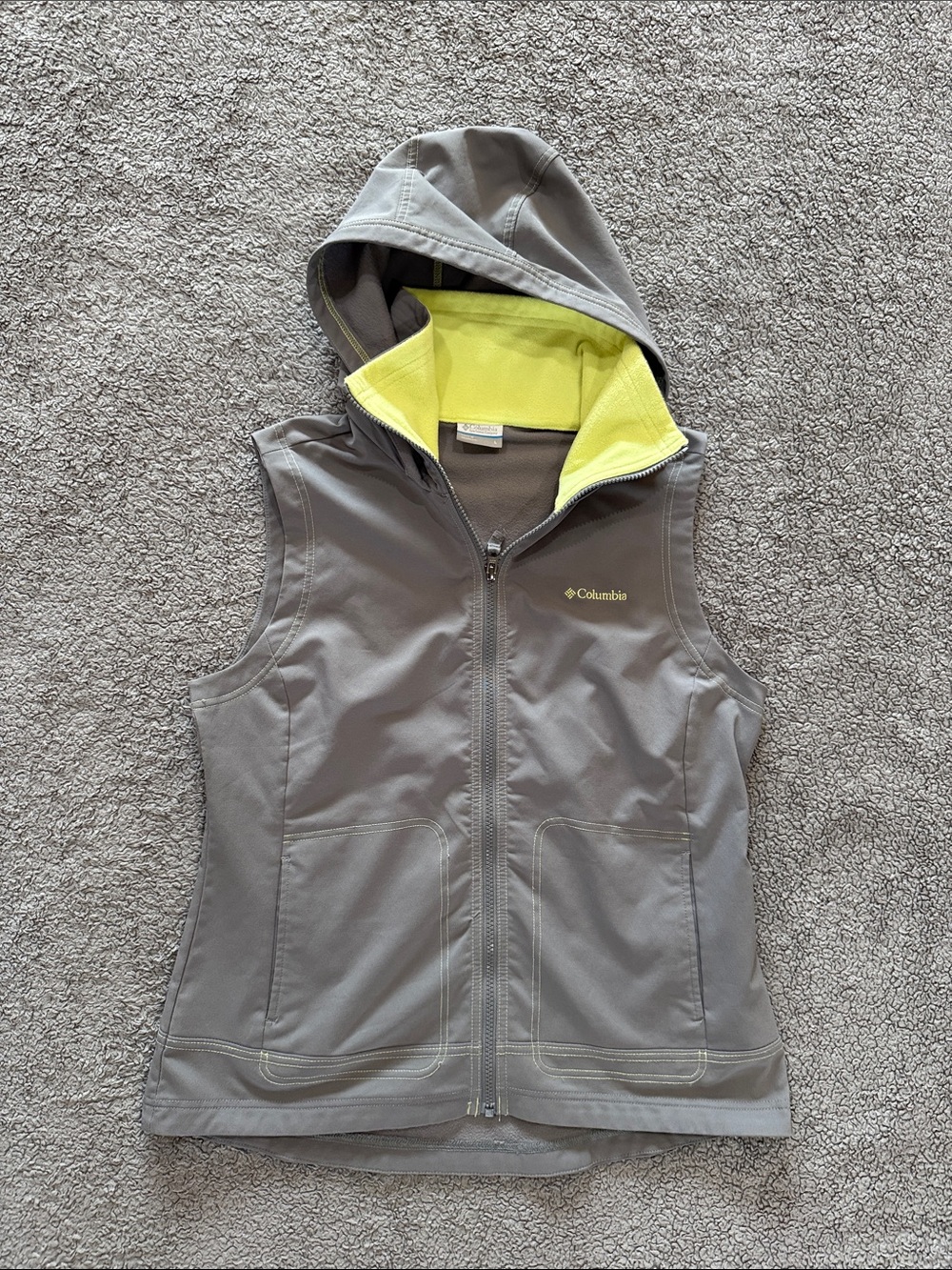 Columbia Hooded Softshell Vest in Gray with Yellow Lining